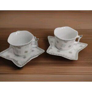2 Sets Of Star Demitasse Coffee Cup & Saucer Silver & White
